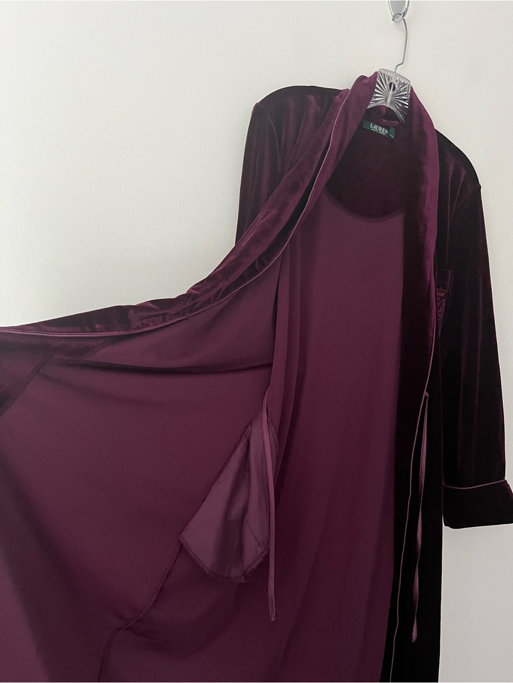 Lauren Ralph Lauren Velvet Shawl Long Bath Robe Logo Red Small - Picture 8 of 13